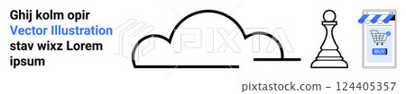 Cloud outline, chess pawn, and shopping cart symbolize technology, strategy, and e-commerce. Ideal for web design, digital themes, modern business, tech startups, and online shopping. Banner Cloud outline, chess pawn, and shopping cart symbolize technology, strategy, and e-commerce. Ideal for web design, digital themes, modern business, tech startups, and online shopping. Banner 124405357
