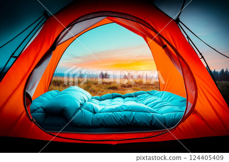 A tent with a sleeping bag inside of it in a field 124405409