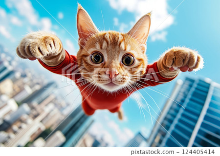 A cat in a red shirt flying through the air over a city A cat in a red shirt flying through the air over a city 124405414