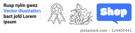 Text on the left, a star award badge, a bouquet of flowers, and a blue shop icon to the right. Ideal for e-commerce, retail, customer service, floral shops, and awards. Banner for landing page 124405441