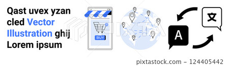 E-commerce, global connectivity, and translation icons. Ideal for online shopping, international trade, digital marketing, language services, and technology integration. Banner for landing page E-commerce, global connectivity, and translation icons. Ideal for online shopping, international trade, digital marketing, language services, and technology integration. Banner for landing page 124405442
