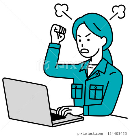 憤怒的女工看著筆記型電腦螢幕 124405453