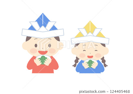 Boy and girl wearing helmets eating kashiwamochi 124405468