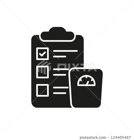 Diet and fitness plan with weighing scale solid icon. health management checklist with scale silhouette symbol. isolated vector illustration Diet and fitness plan with weighing scale solid icon. health management checklist with scale silhouette symbol. isolated vector illustration 124405487
