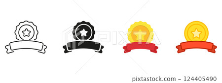 Badge With Star And Ribbon Line And Solid Icon Set. Award Emblem Symbol Collection. Isolated Vector Illustration 124405490