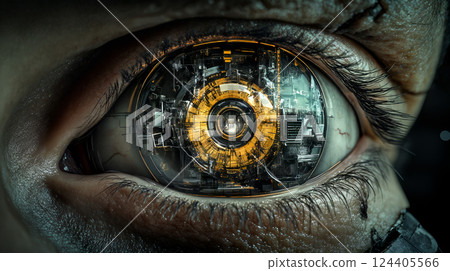 Detailed cybernetic eye close-up with futuristic mechanical inner components Detailed cybernetic eye close-up with futuristic mechanical inner components 124405566