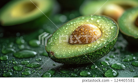 Close-up image of fresh avocado with water droplets on dark green surface Close-up image of fresh avocado with water droplets on dark green surface 124405581