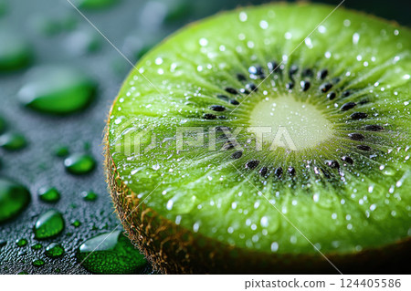 Fresh kiwi slice close-up with water droplets on vibrant green surface highlighting juicy seed texture 124405586