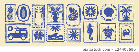 Summer tropical print set, vector hand drawn exotic surf vintage sticker, ocean Hawaii travel stamp. 124405690