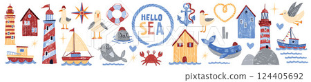 Ship kids doodle illustration set, vector sea nursery poster print, hand drawn scribble texture kit. Ship kids doodle illustration set, vector sea nursery poster print, hand drawn scribble texture kit. 124405692