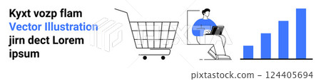 Shopping cart, person with laptop, and bar graph. Ideal for e-commerce, digital marketing, business analytics, technology, and sales trends. Banner for landing page 124405694