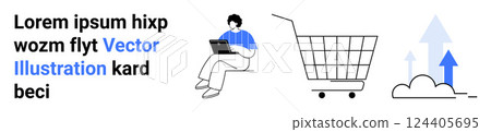 Young person using laptop symbolizes modern tech. Shopping cart signifies e-commerce. Cloud with arrows denotes cloud computing growth. Ideal for tech, e-commerce, cloud, innovation, and business 124405695
