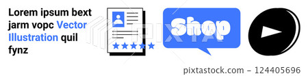 Shop button, a document with a 5-star rating and a play icon are represented. Ideal for e-commerce product reviews and online shopping guides customer feedback and digital marketing tutorials. Banner 124405696
