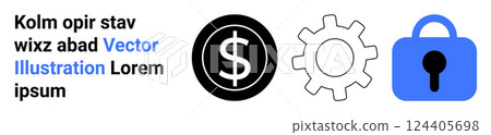 Three symbols represent financial security and optimization. A dollar sign, a gear, and a lock evoke themes of finance, technology, security, innovation, and systems. Ideal for financial services 124405698