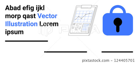 Text with a digital chart and a blue lock symbolizes data analysis and security. Ideal for cybersecurity, data analysis, privacy protection, digital solutions, modern technology. Banner for landing Text with a digital chart and a blue lock symbolizes data analysis and security. Ideal for cybersecurity, data analysis, privacy protection, digital solutions, modern technology. Banner for landing 124405701