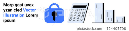 Padlock calculator and bar graph convey security finance and data analysis. Ideal for cybersecurity financial management data protection business growth and tech solutions. Banner for landing page 124405708