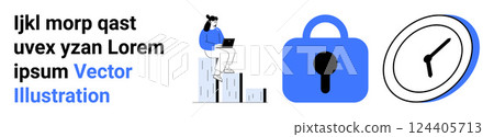 Person at laptop on blocks, blue padlock, and black clock suggest secure online activities, time management, and digital progress. Ideal for technology, security, productivity, business growth 124405713