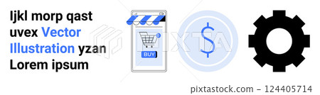 Mobile shopping icon and gear wheel symbolize e-commerce and technology, with a focus on online transactions and development. Ideal for online business, digital marketing, app development, fintech 124405714