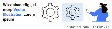 Two gears accompanied by a pointing figure. Ideal for technology, teamwork, innovation, problem-solving, and guidance. Banner for landing page Two gears accompanied by a pointing figure. Ideal for technology, teamwork, innovation, problem-solving, and guidance. Banner for landing page 124405715