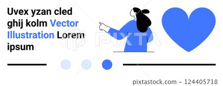 A person points towards a large blue heart, accompanied by text and simple geometric shapes in blue, black, and white. Ideal for themes of love, minimalism, communication, creativity, and design A person points towards a large blue heart, accompanied by text and simple geometric shapes in blue, black, and white. Ideal for themes of love, minimalism, communication, creativity, and design 124405718
