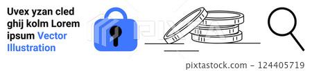 A lock, stack of coins, and magnifying glass convey security and financial analysis. Ideal for themes like security, finance, investment, analysis, and privacy. Banner for landing page 124405719