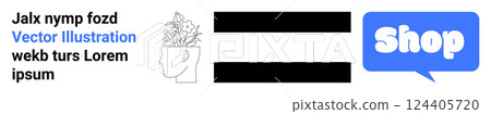 Black and white sketch of a head with flowers on top and blue speech bubble containing the word Shop. Ideal for e-commerce, online shopping, mental health, creativity, and banners. Banner for landing 124405720