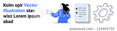 Female figure pointing at documents. Gear icon on the side. Ideal for business planning project management workflow process and strategy. Vector illustration with blue black and white colors. Banner Female figure pointing at documents. Gear icon on the side. Ideal for business planning project management workflow process and strategy. Vector illustration with blue black and white colors. Banner 124405739