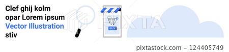 A shopping cart on a mobile interface with a magnifying glass symbolizing e-commerce. Ideal for digital marketing, online shopping, tech, mobile applications, and innovation. Banner for landing page 124405749