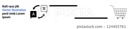 Two text boxes with language symbols and arrows signify translation alongside a shopping cart icon. Ideal for translation services eCommerce online shopping language integration and international Two text boxes with language symbols and arrows signify translation alongside a shopping cart icon. Ideal for translation services eCommerce online shopping language integration and international 124405761