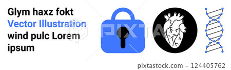 Blue lock symbol, anatomical heart with a black background and a scientific DNA helix. Ideal for cybersecurity, healthcare, medical research, biotechnology and digital health. Banner for landing page Blue lock symbol, anatomical heart with a black background and a scientific DNA helix. Ideal for cybersecurity, healthcare, medical research, biotechnology and digital health. Banner for landing page 124405762