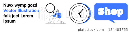 Man with magnifying glass, clock icon, and shop text. Ideal for shopping, e-commerce, time management, online business, and search optimization. Banner for landing page Man with magnifying glass, clock icon, and shop text. Ideal for shopping, e-commerce, time management, online business, and search optimization. Banner for landing page 124405763