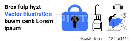 A large blue padlock, a key, and a person using a selfie stick. Ideal for security, technology, tools, photography, and personal safety. Banner for landing page 124405764