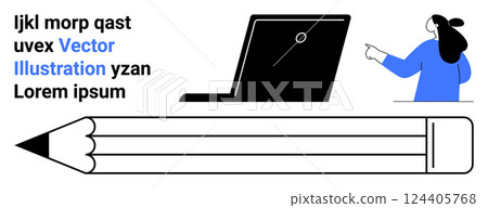 Woman pointing at laptop beside oversized pencil and text. Ideal for technology, writing, education, design, and creativity. Banner for landing page 124405768