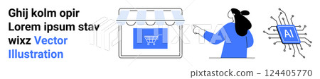 A digital store with a shopping cart icon, a person pointing, and a microchip labeled AI. Ideal for e-commerce, AI integration, online shopping, digital marketing, and technology. Banner for landing 124405770
