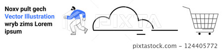 A person running beside a cloud and a shopping cart, representing dynamic e-commerce. Ideal for online shopping, cloud technology, digital transformation, innovation, and tech solutions. Banner 124405772
