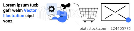 A person holds a gear settings icon, followed by a shopping cart and an email template. Ideal for technology, e-commerce, communication, digital marketing, and design. Banner for landing page 124405775
