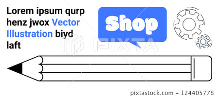 A pencil, text placeholder, blue shop sign, and gear icons. Ideal for graphic design, digital business, creative projects, marketing, technology. Banner for landing page 124405778