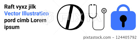 Black text on white background highlighted word Vector Illustration with a pill, stethoscope, and blue lock symbol in simple design. Ideal for medical, pharmaceutical, healthcare, security Black text on white background highlighted word Vector Illustration with a pill, stethoscope, and blue lock symbol in simple design. Ideal for medical, pharmaceutical, healthcare, security 124405792