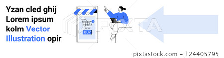 Person using a smartphone for shopping next to a shopping cart icon on a mobile device screen. Ideal for e-commerce solutions, digital marketing, app development, customer engagement, modern 124405795