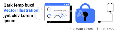 Computer screen showing charts and graphs, a blue lock symbolizing security, and a medical drip chamber. Ideal for data analysis, cybersecurity, medical connections, infographic designs, tech Computer screen showing charts and graphs, a blue lock symbolizing security, and a medical drip chamber. Ideal for data analysis, cybersecurity, medical connections, infographic designs, tech 124405799