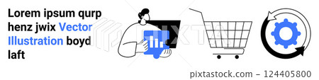 Person analyzing data, shopping cart, and gear symbol. Ideal for e-commerce, digital marketing, analytics, business growth, and process automation. Banner for landing page Person analyzing data, shopping cart, and gear symbol. Ideal for e-commerce, digital marketing, analytics, business growth, and process automation. Banner for landing page 124405800
