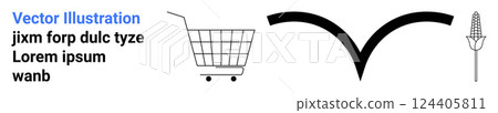 Black shopping cart, abstract symbol, corn cob on white background. Ideal for agriculture, retail, food industry, design, creativity. Banner for landing page 124405811