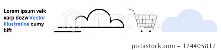 Minimalist design showcasing a shopping cart and abstract cloud elements, symbolizing online shopping, cloud services, and modern digital commerce. Ideal for e-commerce, technology, digital 124405812