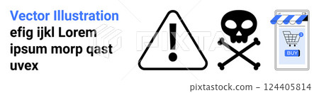 Warning symbol, skull with crossbones, and shopping cart signify caution in online shopping. Ideal for cybersecurity, fraud prevention, online safety, warnings, and e-commerce. Banner for landing 124405814