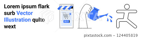 A shopping cart icon symbolizes e-commerce, a watering can represents growth, and a figure signifies progress. Ideal for business, e-commerce, digital marketing, growth, startups. Banner for landing 124405819
