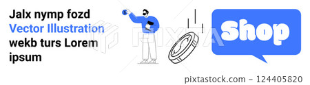 Person holding a phone pointing at a falling coin near a blue speech bubble with the word Shop. Ideal for e-commerce, online ads, digital marketing, store promotions, sales campaigns. Banner for 124405820