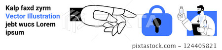A hand points at a blue lock alongside a doctor holding a medical report. Ideal for security, technology, healthcare, digital innovation, and data privacy. Banner for landing page 124405821