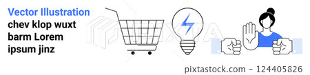 Shopping cart next to energy-efficient lightbulb symbol and person with outstretched hand in stop gesture flanked by clenching fists. Ideal for ecommerce, sustainability, energy awareness, conflict 124405826
