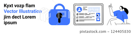 Digital security concept with a blue lock symbol, a user profile screen displaying personal information, and a person pointing at the profile. Ideal for online security, user authentication, data 124405830