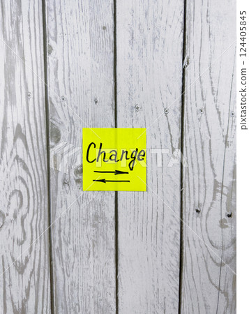 Bright yellow sticky note with the word Change written on it, pinned on a rustic wooden board background. The image represents transition, growth, and personal development 124405845